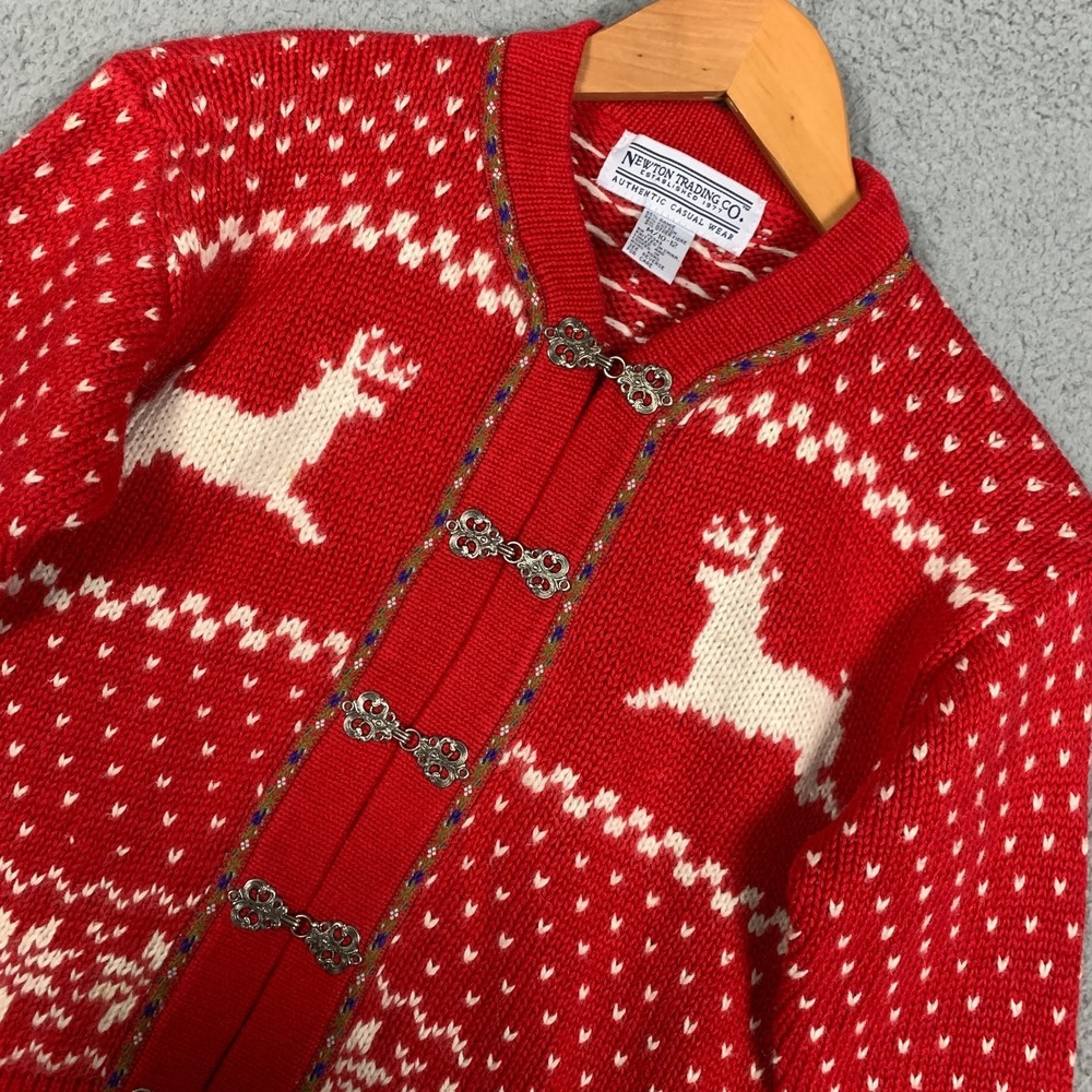VINTAGE Newton Trading Cardigan Fair Isle Sweater Womens M 8-10 Red Reindeer 90s